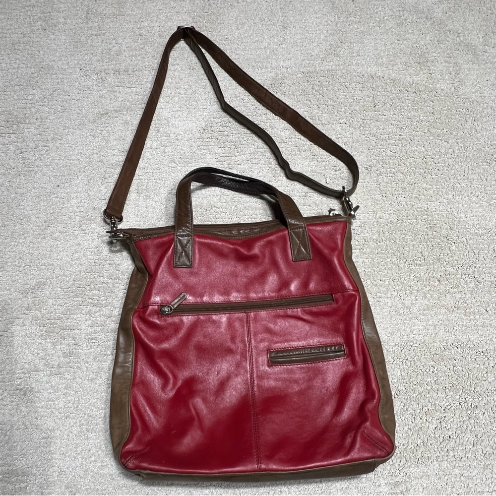 ILI New York Red Brown Whip Stitched Leather Purse Bag Crossbody Removable Strap